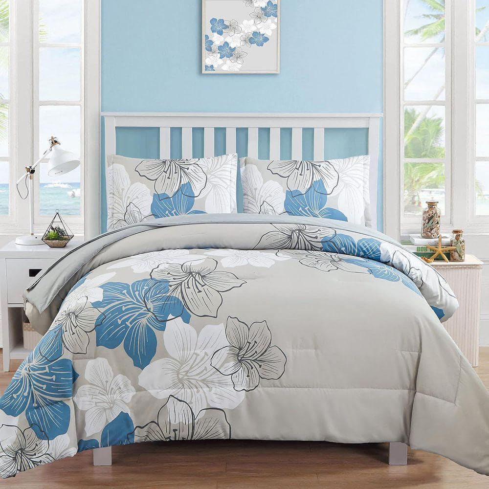 Floral 7-Piece Blue Soft Microfiber Queen Comforter Set Bed in a