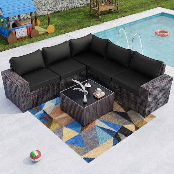 6-Piece Wicker Outdoor Sectional Set with Black Cushion