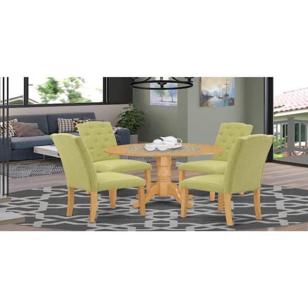 East West Furniture 5-Piece Round Natural Oak Finish Solid Wood Top Dining Table with 4-Parson Chair with Drop Leaf Lattice Back