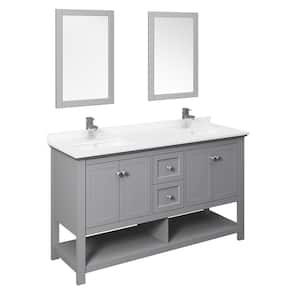 Manchester 60 in. W Bathroom Double Bowl Vanity in Gray with Quartz Stone Vanity Top in White with White Basins, Mirrors