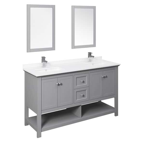 Fresca Manchester 60 in. W Bathroom Double Bowl Vanity in Gray with Quartz Stone Vanity Top in White with White Basins, Mirrors