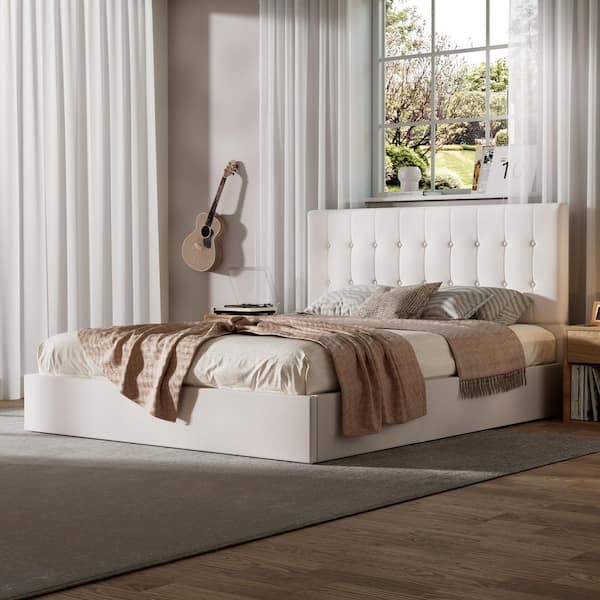 White Frame Queen Size Upholstered Platform Bed with Lift-Up Storage Supported By Metal and Wooden Slats