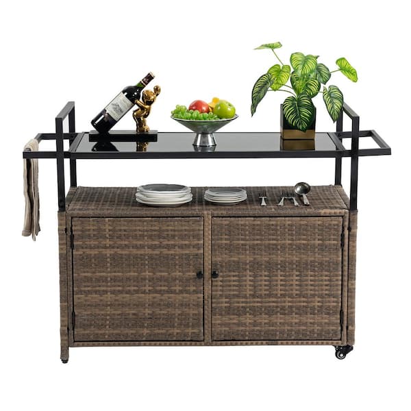 Unbranded Patio Wine Serving Cart in Light Brown, Outdoor Wicker Bar Cart with Glass Top and Wheel for Porch, Backyard