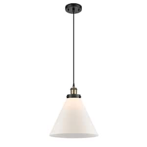 Cone 100-Watt 1-Light Black Antique Brass Shaded Mini Pendant Light with Frosted Glass Shade
