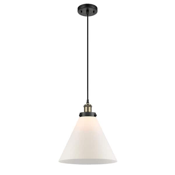 Innovations Cone 100-Watt 1-Light Black Antique Brass Shaded Mini Pendant Light with Frosted Glass Shade