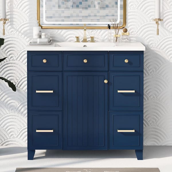 36 in. W x 18 in. D x 34 in. H Freestanding Bath Vanity in Blue with White Ceramic Top and 3 Drawers Storage Cabinet