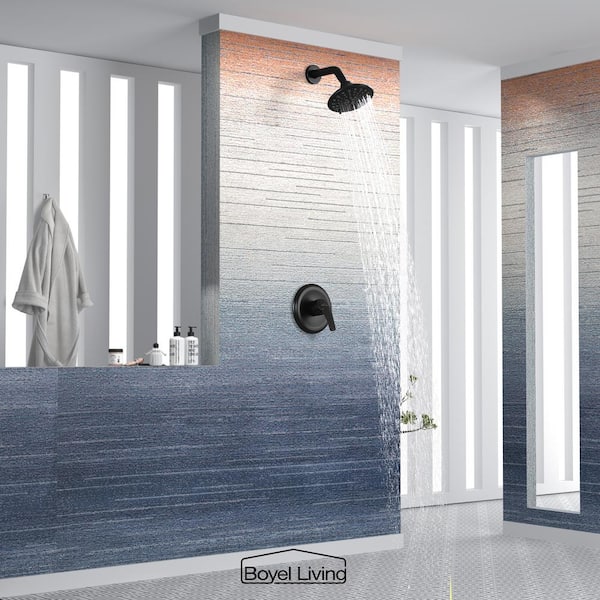 6-Spray Patterns with 2.1 GPM 6 in. Wall Mount Rain Fixed Shower Head with Single Handle and Valve in Matte Black