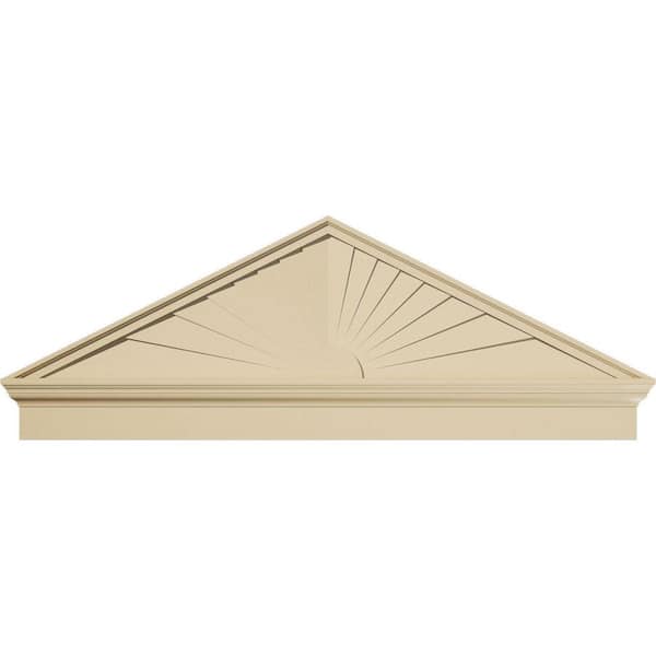 Ekena Millwork 60 in. W x 21-7/8 in. H x 2-3/4 in. P Pitch 6/12 Peaked Cap Sunburst Signature Urethane Combination Pediment, Primed Tan