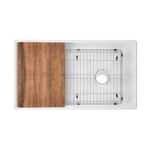 33 in. White Fireclay Apron Front Farmhouse Undermount Workstation Kitchen Sink with Cutting Board and Grid