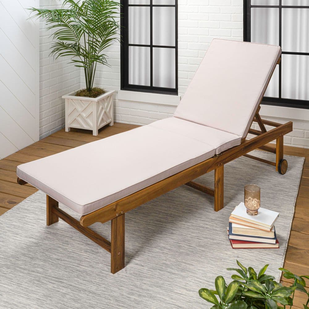 JONATHAN Y Mallorca 77.17 in. x 23.62 in. Foldable Adjustable Wood Outdoor Chaise Lounge with Cushion & Wheels, Beige/Natural LNG1102A