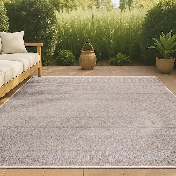 Aylan High-Low Pile Knotted Trellis Geometric Beige 5 ft. x 8 ft. Indoor/Outdoor Area Rug