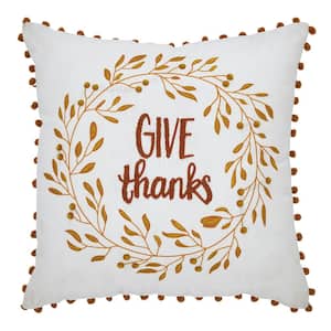 Seasons Crest Multi Pom Pom Embroidered 18 in. x 18 in. Give Thanks Autumn Decorative Throw Pillow