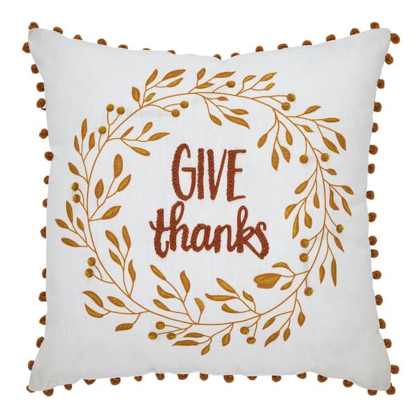 VHC Brands Seasons Crest Multi Pom Embroidered 18 in. x 18 in. Give Thanks Autumn Decorative Throw Pillow