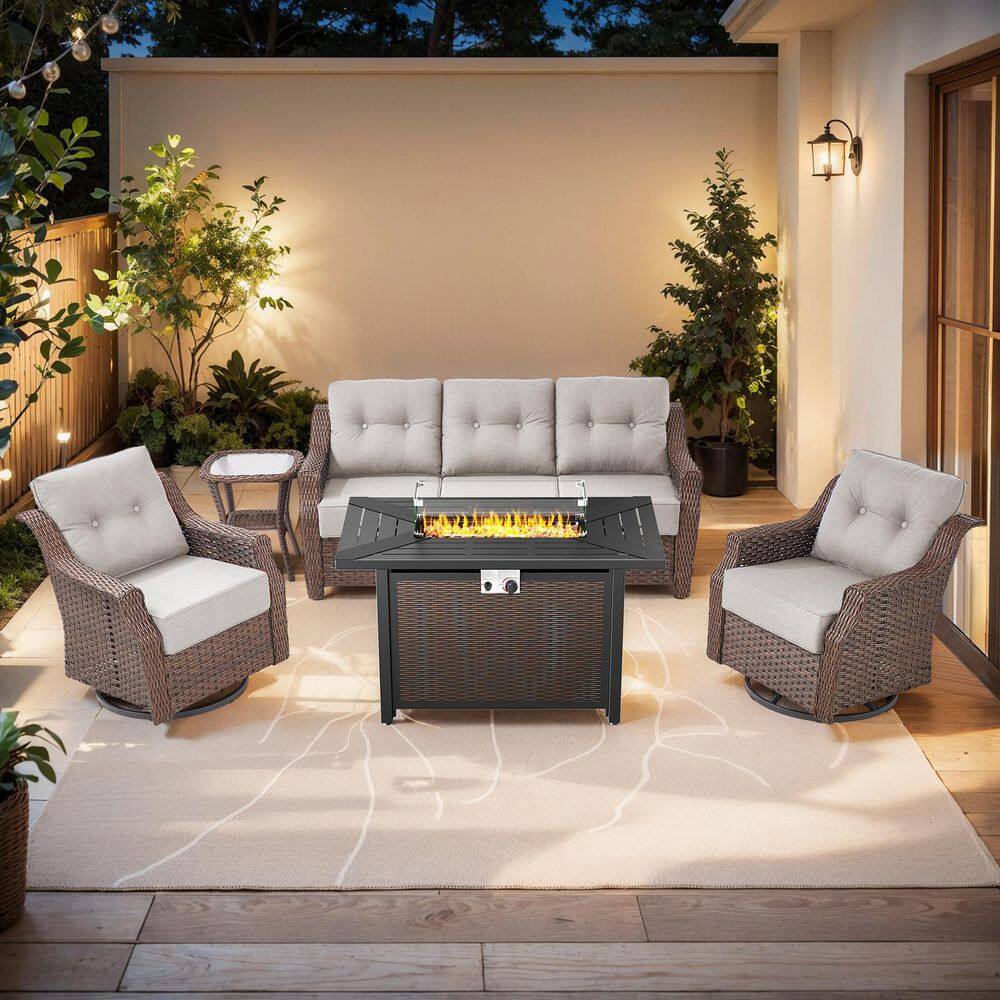 Modern Farmhouse 5-Piece Brown Wicker Patio Fire Pit Conversation Set with Beige Cushions and Rectangle Metal Fire Pit price history on PriceWatchPro