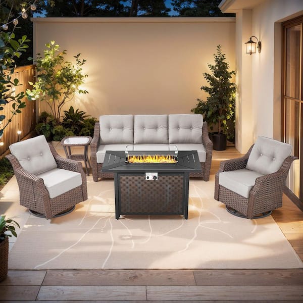Modern Farmhouse 5-Piece Brown Wicker Patio Fire Pit Conversation Set with Beige Cushions and Rectangle Metal Fire Pit
