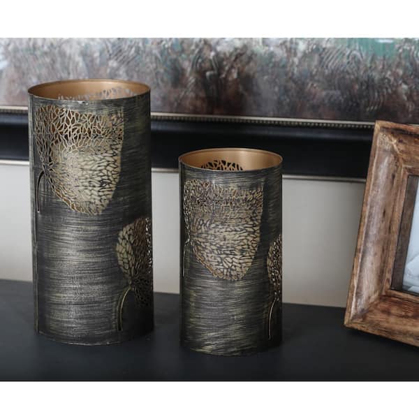 Litton Lane Copper Metal Leaf Decorative Candle Lantern (Set of 3)