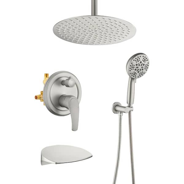 Single Handle 7-Spray 3-Way Tub and Shower Faucet 1.8 GPM Ceiling Mount Shower Head in Brushed Nickel Valve Included