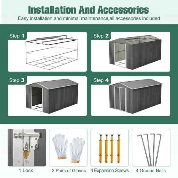 8 ft. W x 12 ft. D Gray Metal Outdoor Storage Shed with Lockable