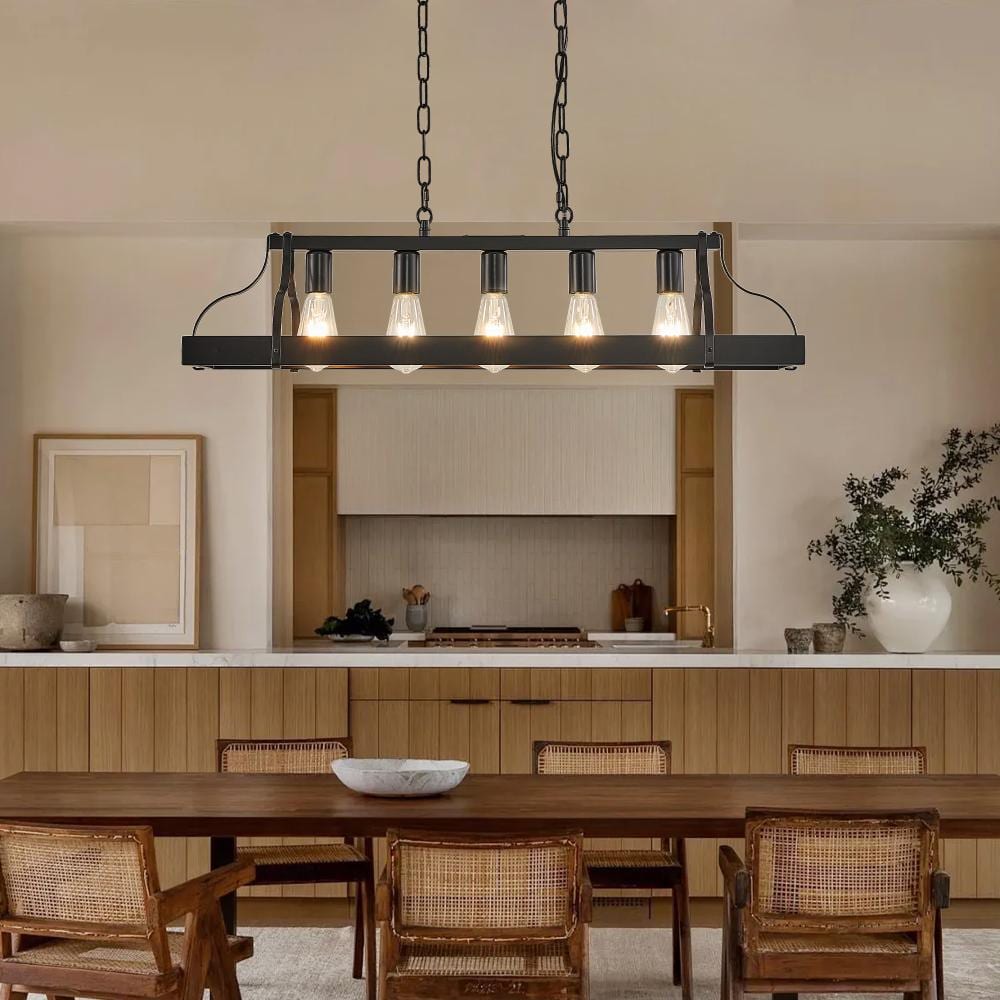 "34"" Black Industrial Linear Pendant Light – 5-Light Adjustable Farmhouse Chandelier for Kitchen Island & Dining Room" price history on PriceWatchPro