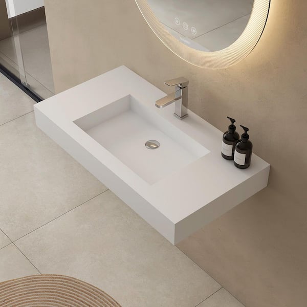 35 in. Wall Mount Rectangle Vessel Sink with Faucet Hole, Solid Surface Bathroom Vessel Sink