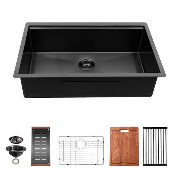 Sarlai 28 in. Undermount Single Bowl 16-Gauge Gunmetal Black Stainless Steel Workstation Kitchen Sink with Bottom Grid