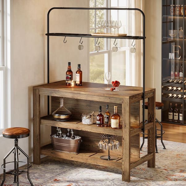 BYBLIGHT 35 in. H Solid Wood Brown Rectangle Bar Table Seats 2,3-Tier ...