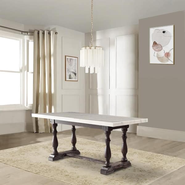 Benjara White and Brown Marble Top 4 Legs Base Dining Table Seats 6