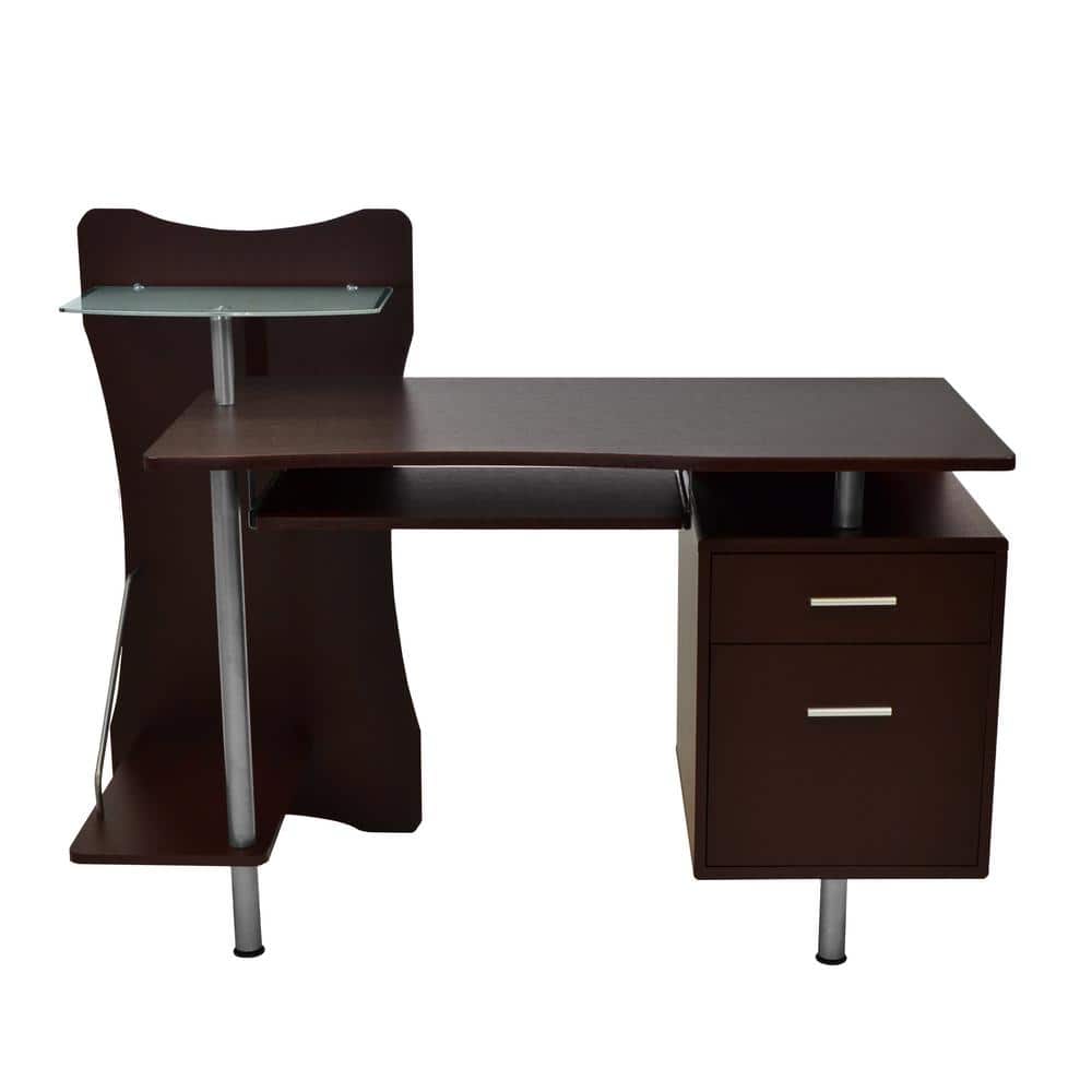 Chocolate Brown Wood Computer Desk with Storage and Keyboard Tray