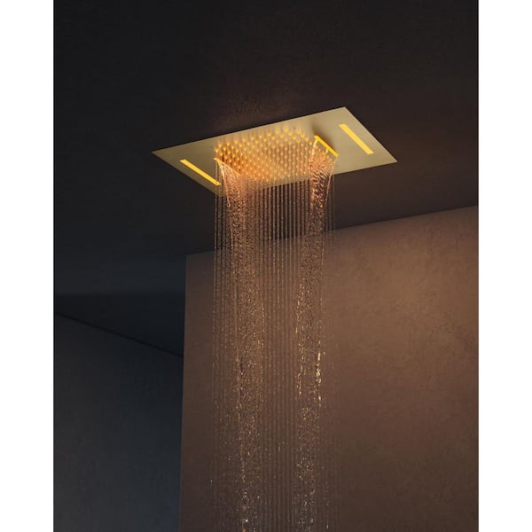 Full Spectrum LED 7-Spray Ceiling Mount 23 in. x 15 in. Dual Fixed and Handheld Shower Head w/ Waterfall in Brushed Gold