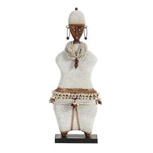 Large Hand-Crafted Pine Wood, Cowrie Shells, White Beads and Kente Cloth African Woman Namji Doll
