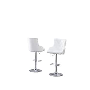 Alexa 40 in.-48 in. White Faux Leather Adjustable Bar Stool Chair w/ Silver Chrome Base and Nail Head Trim (Set of 2)