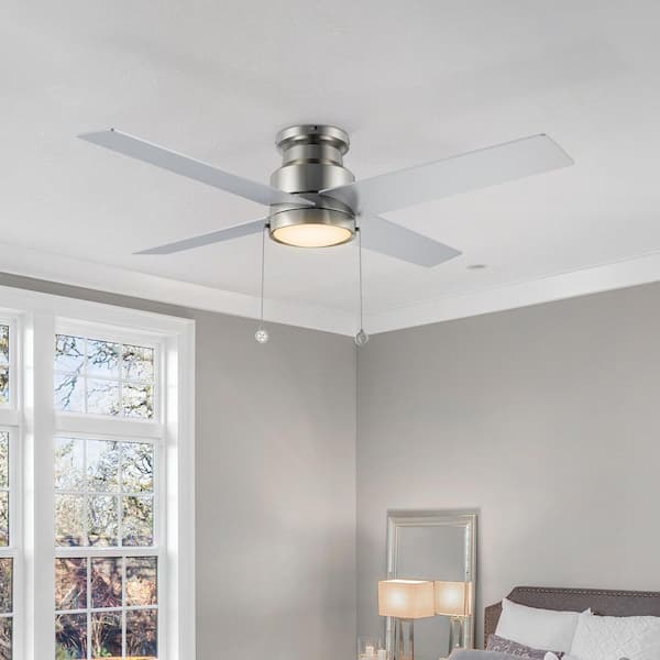 Rowan 52 in. Indoor Brushed Nickel Flush Mount Standard 3-Speed DC Ceiling Fan with Dimmable LED and Pull Chain