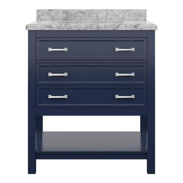 Affinity 31 in. Modern Bathroom Vanity in Blue with Carrara White Marble Top