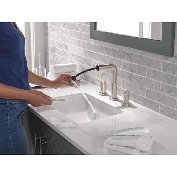 Nicoli Pull-Down Spout 8 in. Widespread Double Handle Bathroom Faucet Drain Included in Stainless