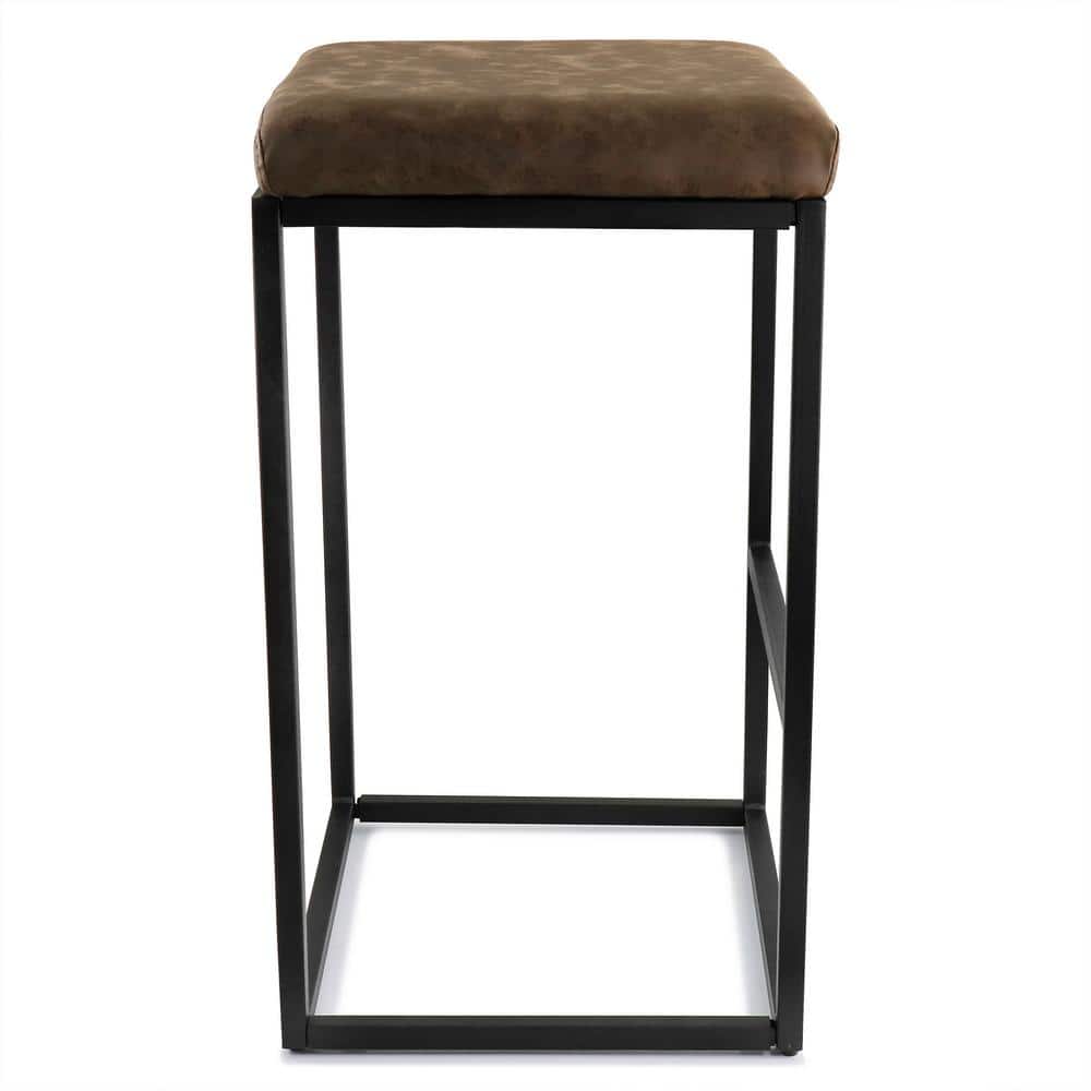 Brown Faux Leather Backless Bar Stools with Metal Base, Set of 2
