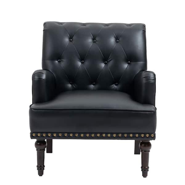 Mid-Century Modern Solid Wood Legs Black PU Leather Button Upholstered Accent Armchair With Nailhead Trim