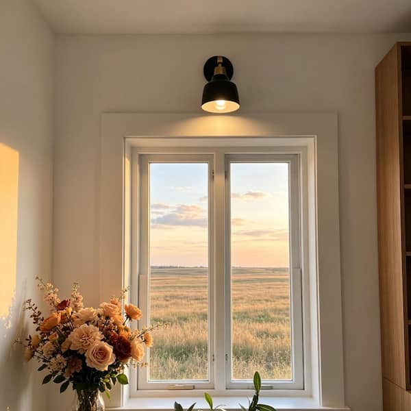 Modern Black Bell Wall Sconce Bath Vanity Light 1-Light Powder Room Wall Light with Brass Plated Arm White Inner Shade