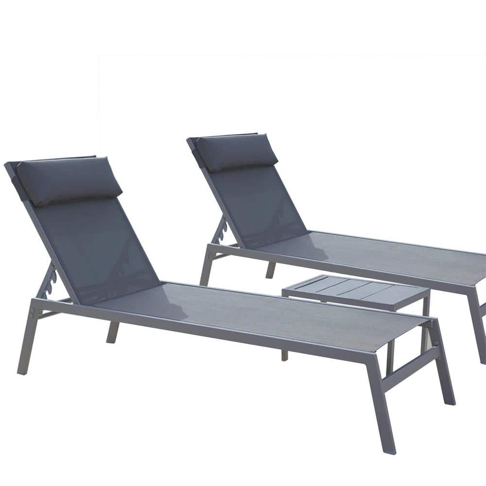 3-Pieces Steel Outdoor Patio Chaise Lounge Set with Headrest, Grey