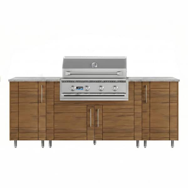 Golden Sky 86.5 in. W 4-Burner Propane Grill Island in Stainless Steel Sanibel Teak with Propane Cabinet
