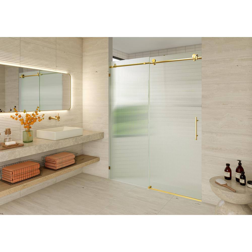 Galaxy 60" x 78" Frameless Fluted Glass Sliding Shower Door in Satin Brass