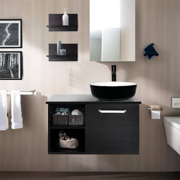 28 in. W x 19 in. D x 16 in. H Single Sink Bath Vanity in Black with Black Solid Surface Top and Mirror