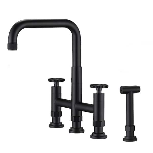 FLG Double-Handle Bridge Kitchen Faucet with Side Sprayer Modern Stainless Steel 4-Holes Kitchen Vanity Taps in Matte Black