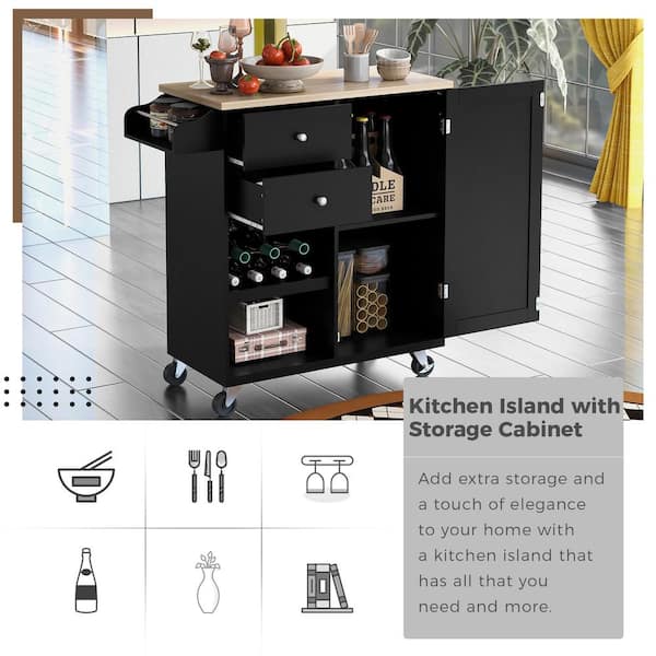 ARTCHIRLY Brown Solid Wood Top 53.1 in. White Kitchen Island with Drop Leaf, Cabinet Door Internal Storage Racks and 3-Drawers