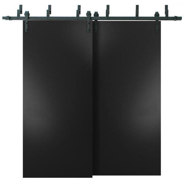 Sartodoors 0010 64 in. x 80 in. Flush Black Finished Pine Wood Sliding Door with Barn Bypass Hardware