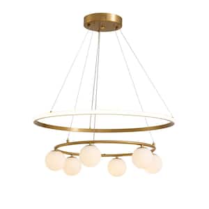 27.6 in. 6-Light Brass LED Bubble 2-Ring Chandelier for Foyer Dining Room