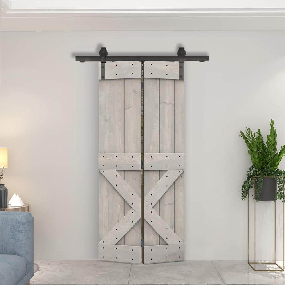38 in. x 84 in. Silver Gray Stained Pine Wood Bi-Fold Barn Door with Sliding Hardware Kit