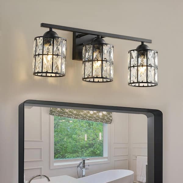 21.26 in. Modern 3-Light Matte Black Vanity Light Fixtures Over Mirror with Clear Beveled Crystal Shade