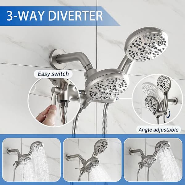 Viki 7-Spray Patterns 1.8 GPM 4.72 in. Wall Mount Dual Shower Heads with Pop up Diverter Spout in Brushed Nickel