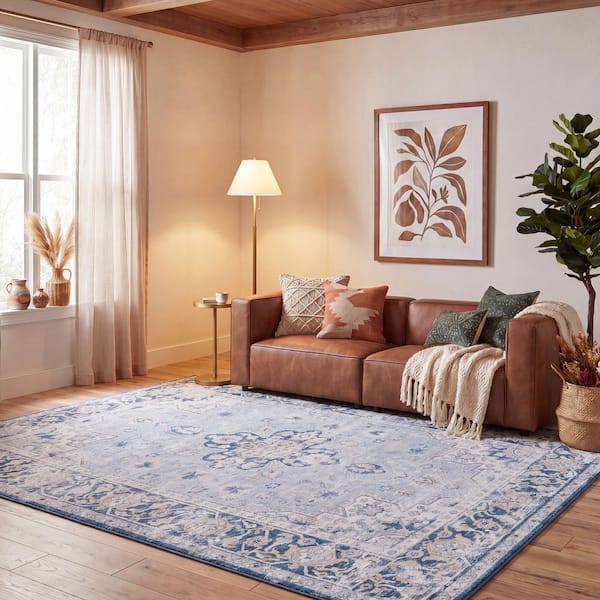 Tucson 8 ft. x 8 ft. Square Light Blue/Navy Abstract Ornate Medallion Washable Area Rug