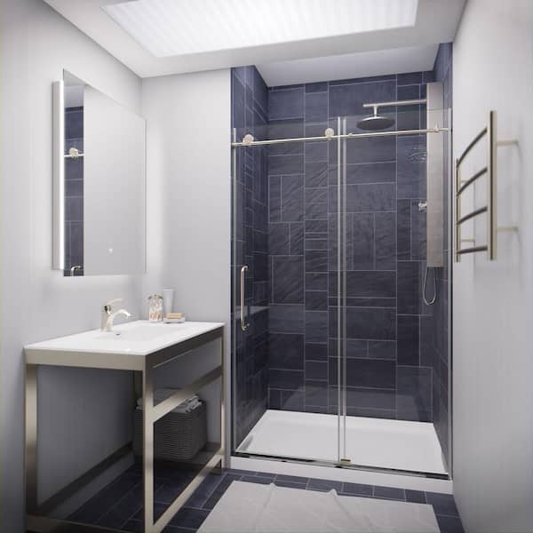 Madam Series 48 in. x 76 in. H Sliding Frameless Shower Door in Brushed Nickel with Tsunami Guard Tempered Glass